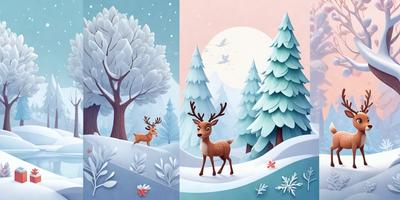 Primary subject: Deer
Setting/background: Snowy forest
Visual style: Digital art
Colors and mood: Cold, serene, and natural